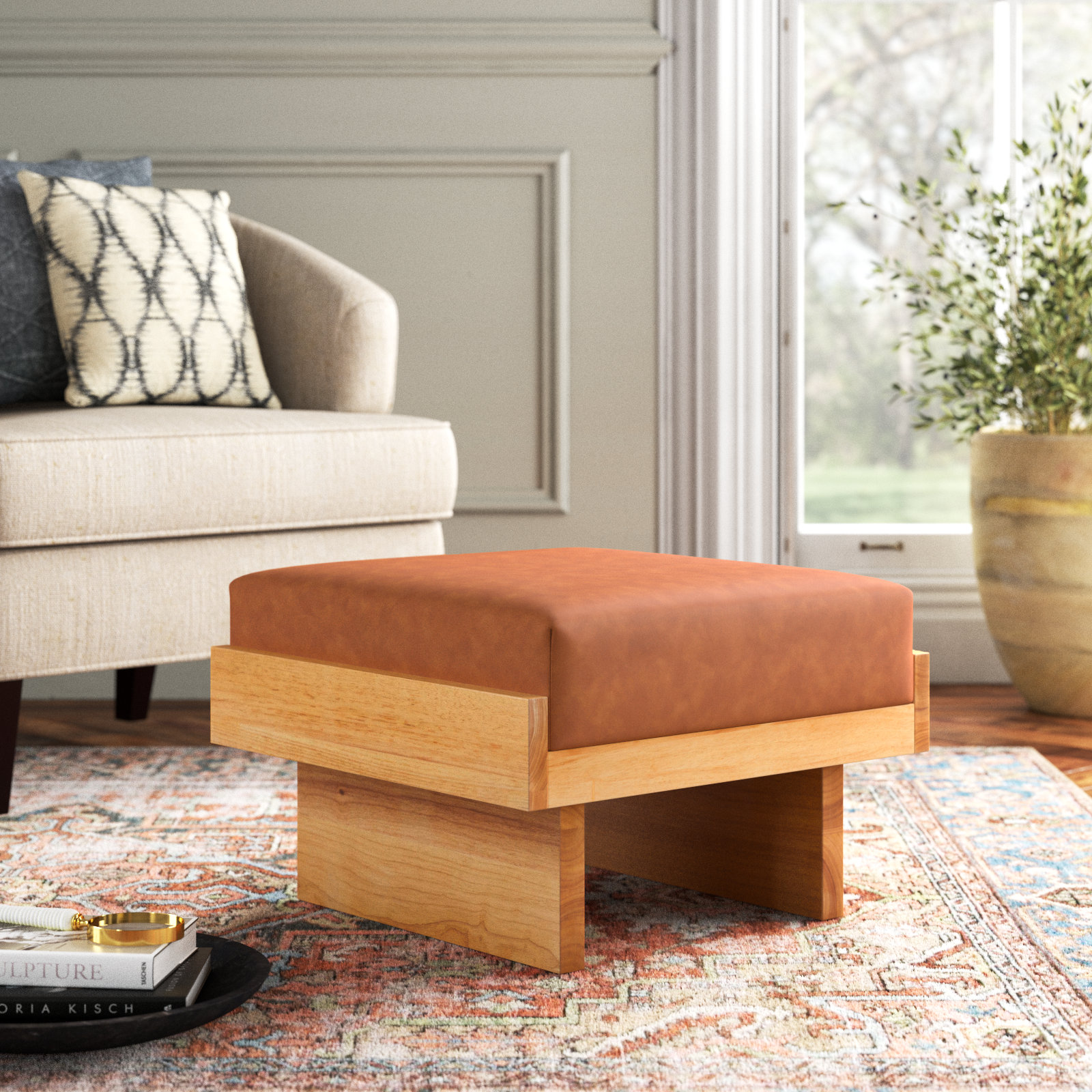 Robbie Upholstered Ottoman, Cognac Faux Leather