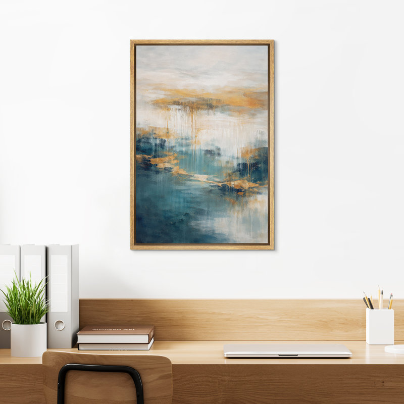 «Blue and Gold Abstract Coastal Inspired Style», reproduction d'art encadrée sur toile, H 36 po x l 24 po, Naturel