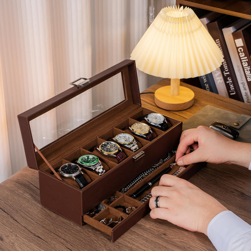Boîte à montre, présentoir à montre à 6 fentes avec tiroir, boîte à montre pour homme avec couvercle en verre, rangement pour bijoux et porte-montre à 2 couches