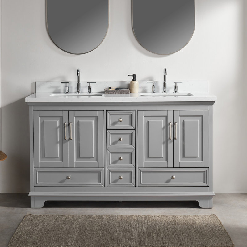 Meuble-lavabo double autoportant avec pierre artificielle, Gris