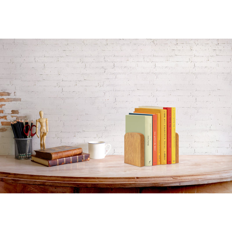 Serre-livres pour accessoires de bureau Ebern Designs - 2 paires de serre-livres décoratifs 100% bois massif faits à la main avec base en métal - Organisateur de tablettes antidérapant robuste pour livres