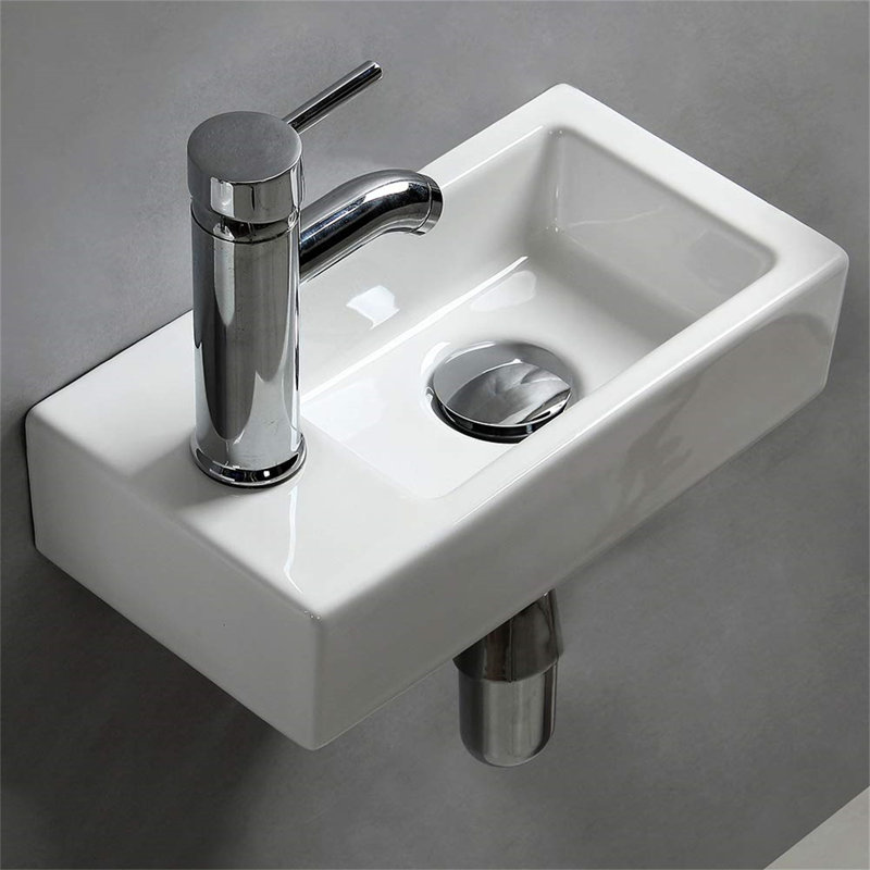 Polished White Ceramic Rectangular Wall-Mount Vessel Sink