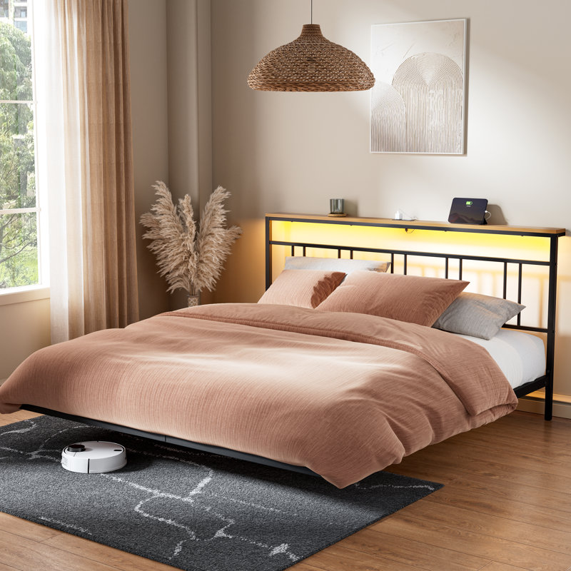 Floating Bed Frame with Storage Headboard,Modern Metal Platform Bed with LED & Charging Station,No Box Spring Needed, King