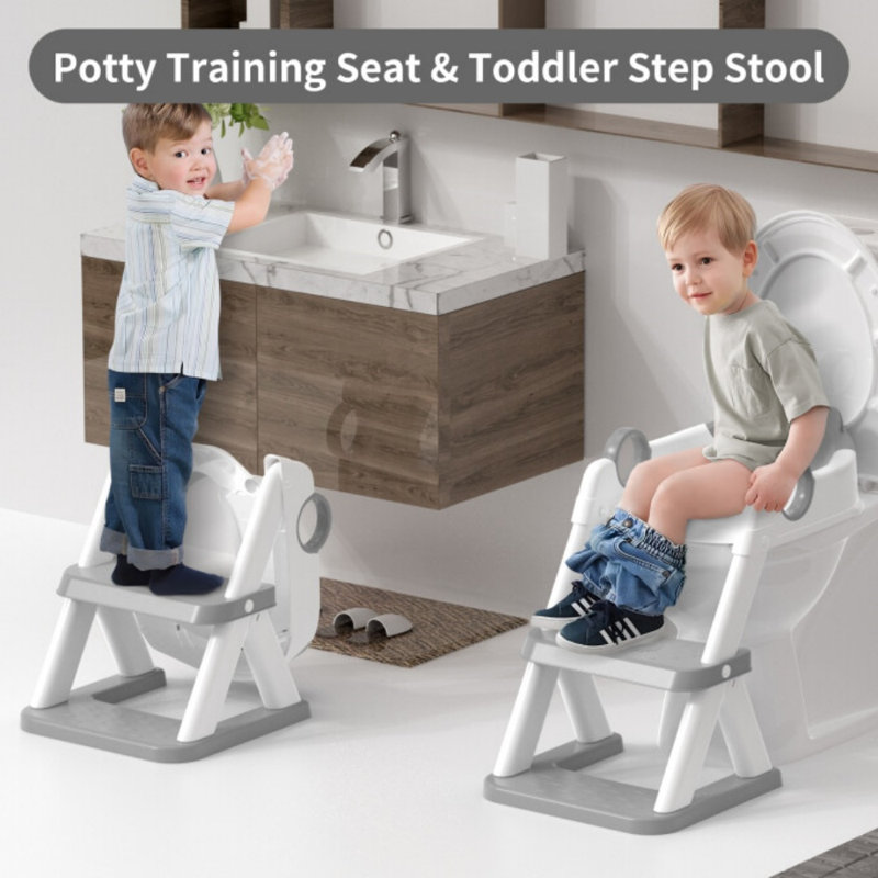 2 in 1 Potty Training Seat with Anti-Slip Steps, Splash Guard, 6 Adjustable Hole Positions, Safety Handles for Kids Boys Girls