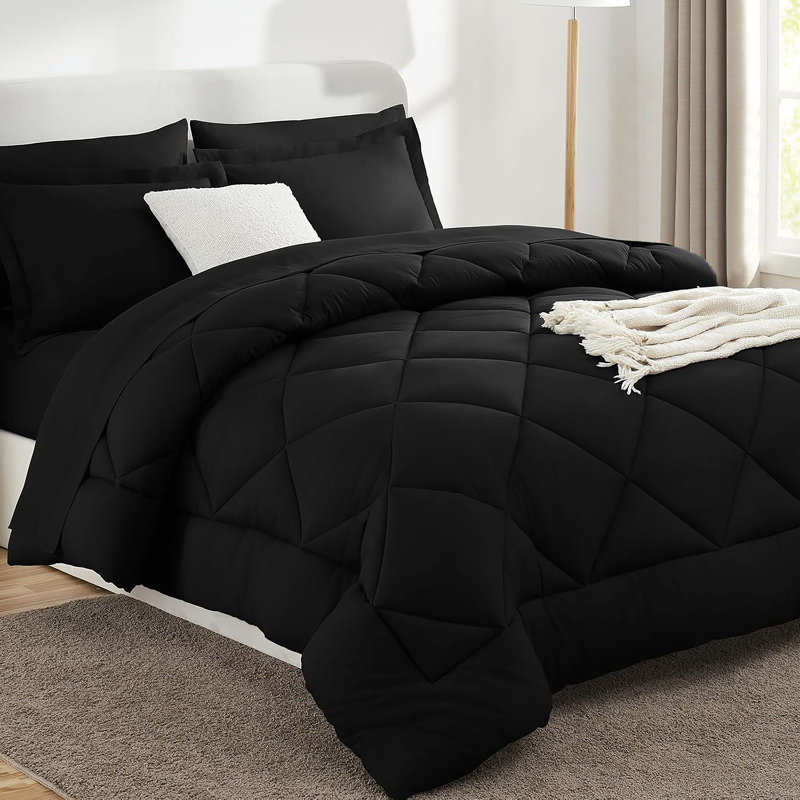 Ensemble d'édredon 7 pièces, microfibre, lit toutes saisons dans un sac - noir, très grand, Noir, noir, noir, noir