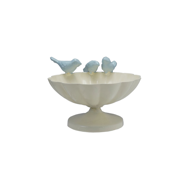 Decorative Metal Scalloped Bowl With 3D Birds On Rim, Antique White And Blue