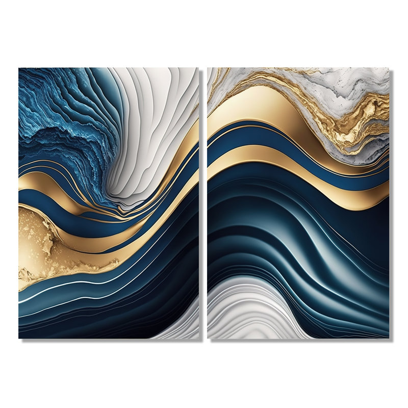«Abstract Geode Waves Blue I», art mural abstrait grand, Toile tendue, Ne s’applique pas, H 36 po x l 48 po