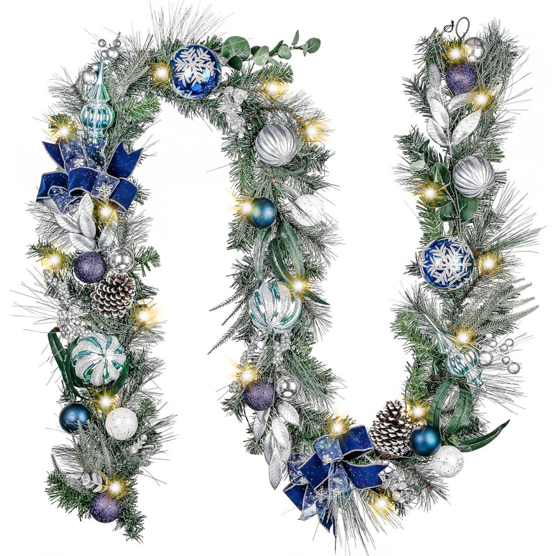 9 Feet Pre-Lit Artificial Christmas Garland with Silver Blue Ornaments and Ribbons