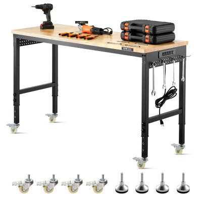 Établi réglable de 60 pouces, charge de 2000 lb, banc de travail avec prise de courant, roues et panneau perforé, table de travail en bois de chêne robuste pour garage, atelier, bureau et maison