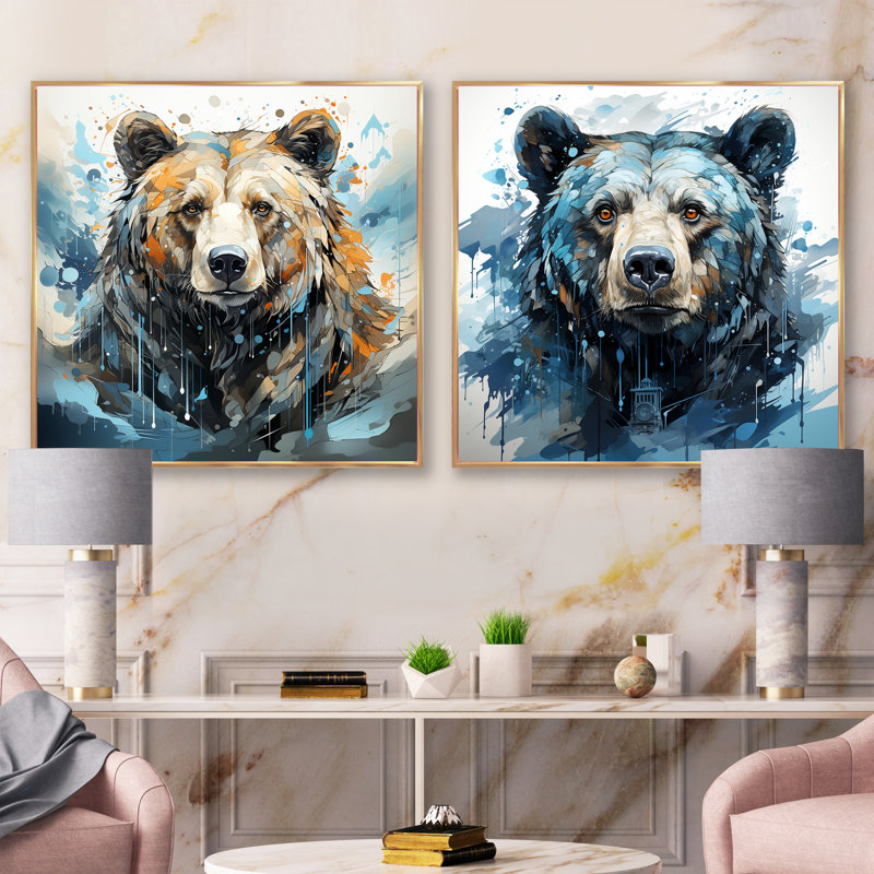 Représentation abstraite d'un mouvement d'ours - ensemble de 2 animaux, Cadre flottant doré, H 36 po x l 73 po