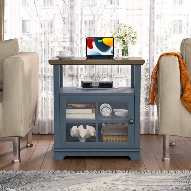 Cherelyn 24" Tall End Table with Storage and Built-In Outlets for Living Room,Bedroom,Office, Oak, Blue