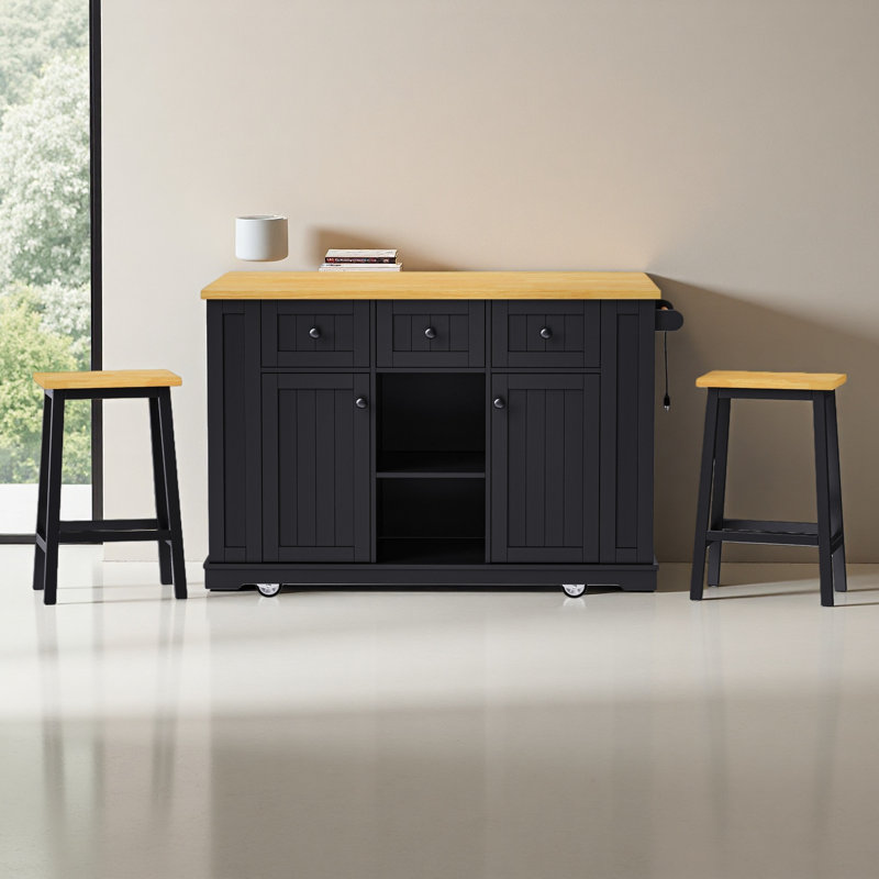 Large Kitchen Island With 2 Bar Stools, Power Outlet,Door Internal Storage Rack, Kitchen Storage Cart On 5 Wheels With Drop Leaf