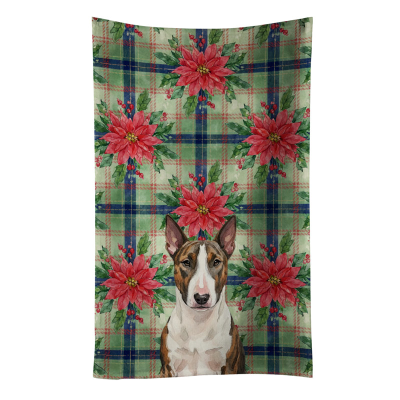 Brindle and White Bull Terrier Christmas PoinsettIas Kitchen Towel, Brindle/White Bull Terrier