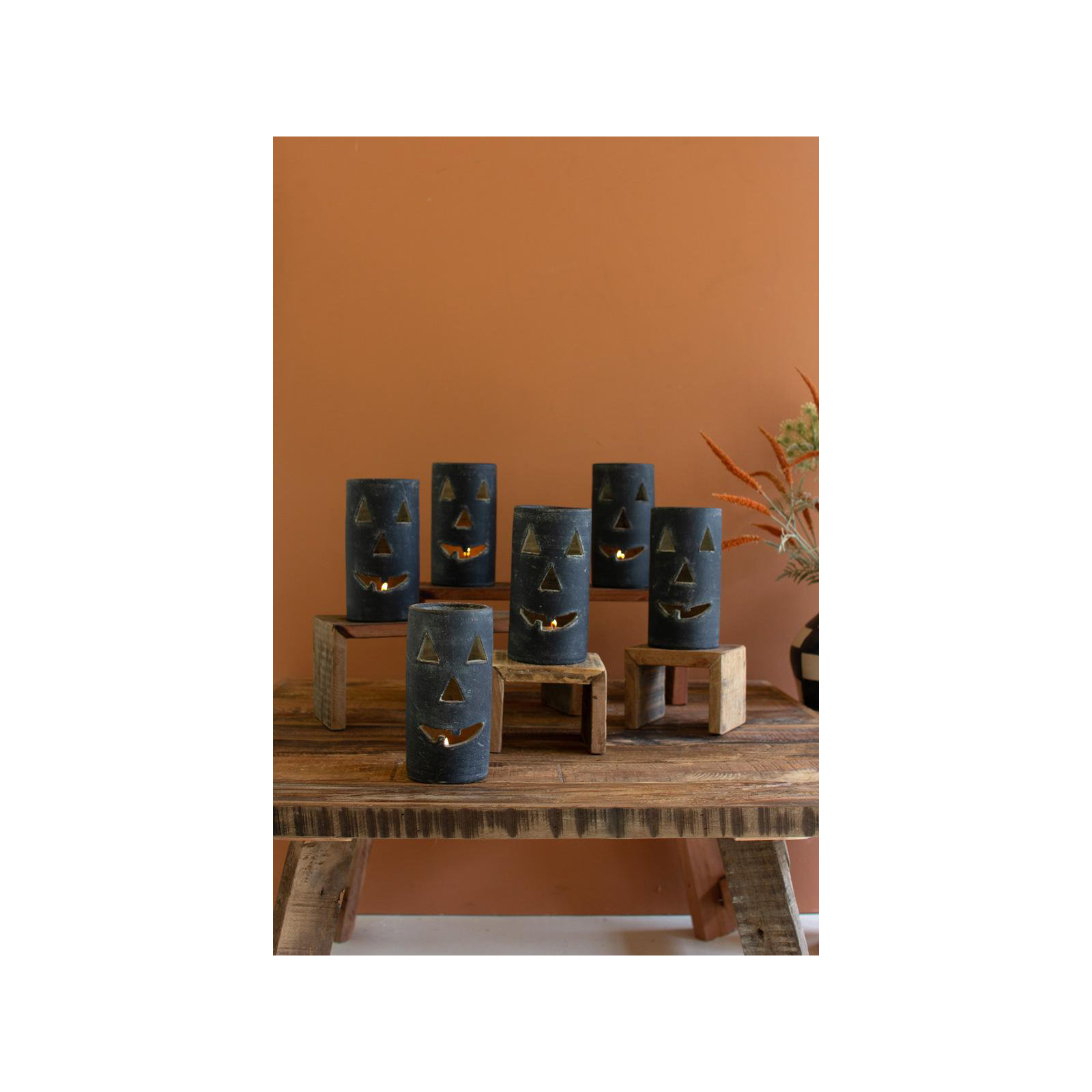 SHORT BLACK CLAY JACK-O-LANTERN, 8" H x 4" W x 4" D