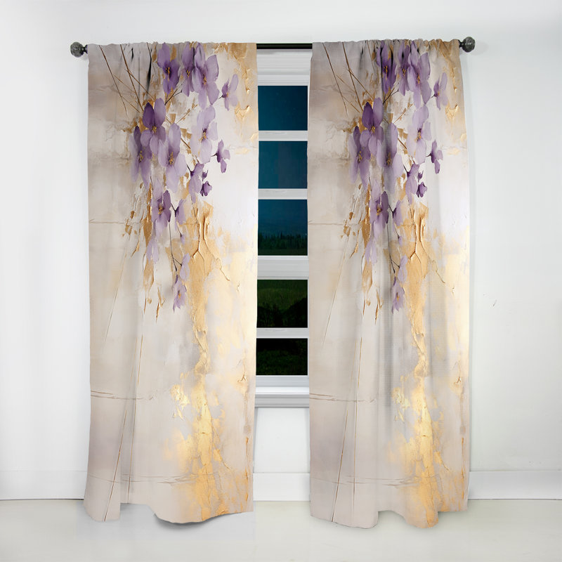 Purple And Gold Adorned Violets Meadow III - Violets Blackout Floral Curtain - 1 Panel, 52" W x 95" L