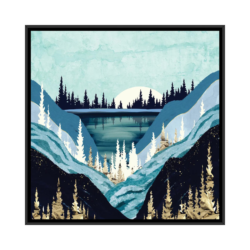 Blue Forest Lake - impression d'art graphique, Aucun mat, Toile avec cadre noir, H 18 po x l 18 po x 1,5 po