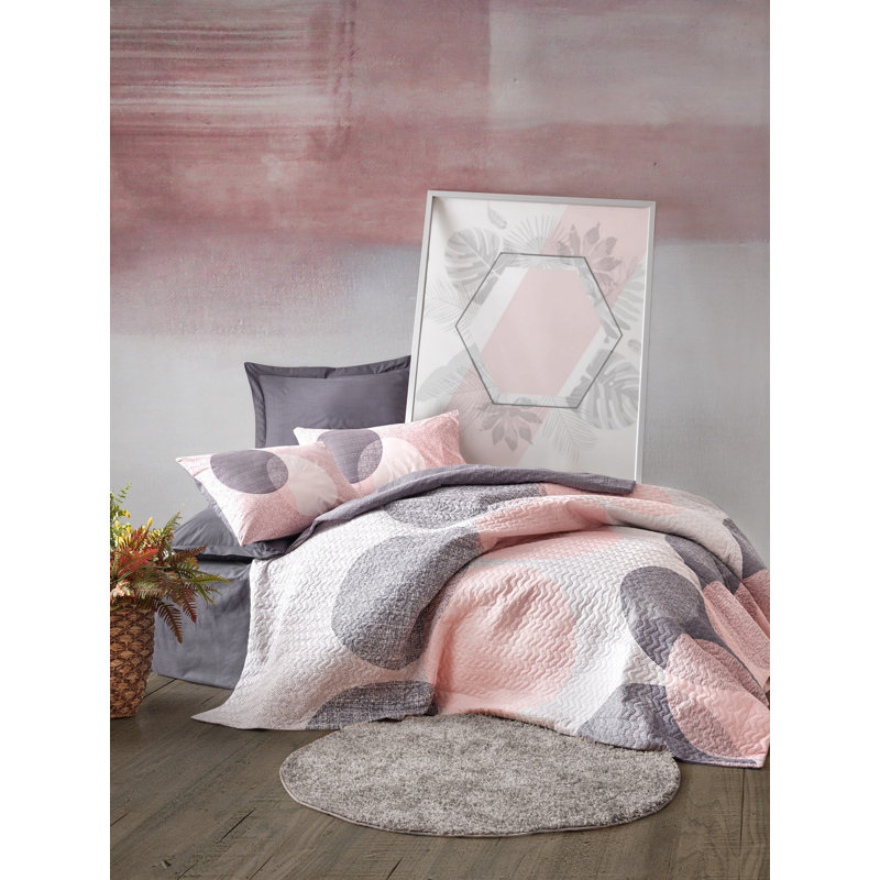 Premium 100% Cotton Ranforce Quilt Cover Set, 70.9 x 90.6 Inches | Includes 63 x 27.6 Inches Pillowcase, Machine Washable, Elegant Grey, Pink & White Design, Soft & Breathable, Perfect for All Seasons