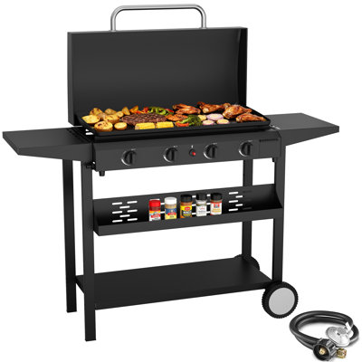 Plaque chauffante portative au gaz à 4 brûleurs SKOK avec hotte, station de cuisson au propane extérieure de 60 000 BTU, 426 pieds carrés Po Surface de cuisson et tablettes latérales pour les barbecues, le camping, les fêtes d'avant-match, noir