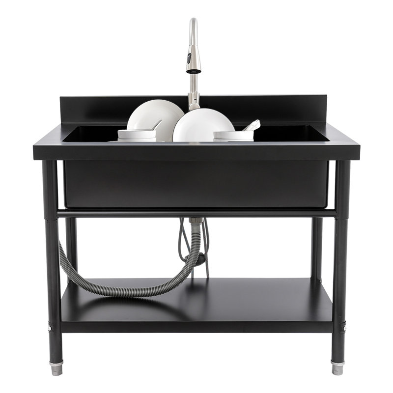Freestanding Stainless Steel Utility Sink With Pull-Out Faucet, Matte Black
