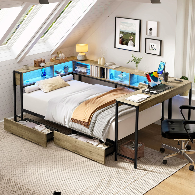 Cadre de lit de coin pour lit simple avec bibliothèque, tiroirs de rangement, lampe à DEL et station de recharge, lit de jour réversible moderne