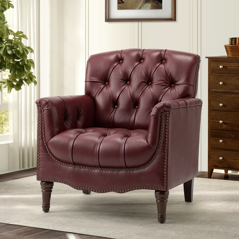 Fauteuil en cuir capitonné Annja, Cuir fleur bourgogne