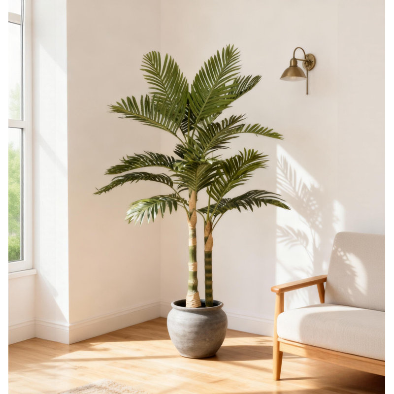 5FT Golden Cane Artificial Palm Tree with Black Plastic Pot, Tropical Fake Plant for Indoor Outdoor Decoration, Faux Palm, 1pc/set