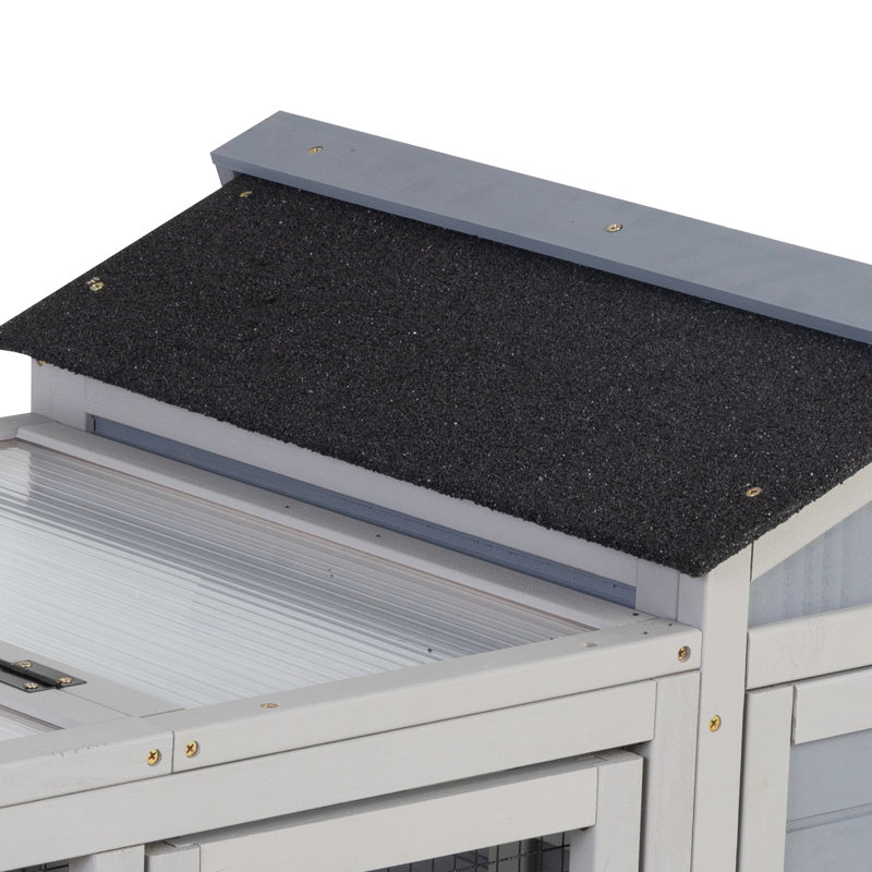Lapin spacieux avec deux zones fonctionnelles, toit ouvrable et portes coulissantes pour animaux de compagnie intérieures et extérieures, plancher de protection en filet, plateau amovible, conception grise