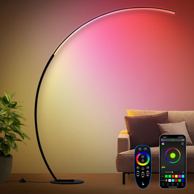 RGB Floor Lamp With 3 Color Temperatures, Ultra Bright 1800LM Smart Arc LED Floor Lamp With Remote Control, Music Sync, Scene Modes, Modern Standing Tall Lamp For Bedroom Living Room Gaming Rooms