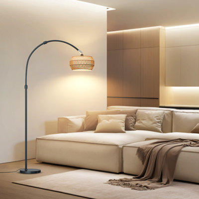 Lampe sur pied Arc Bohemian avec abat-jour en rotin, éclairage intelligent à intensité variable et télécommande