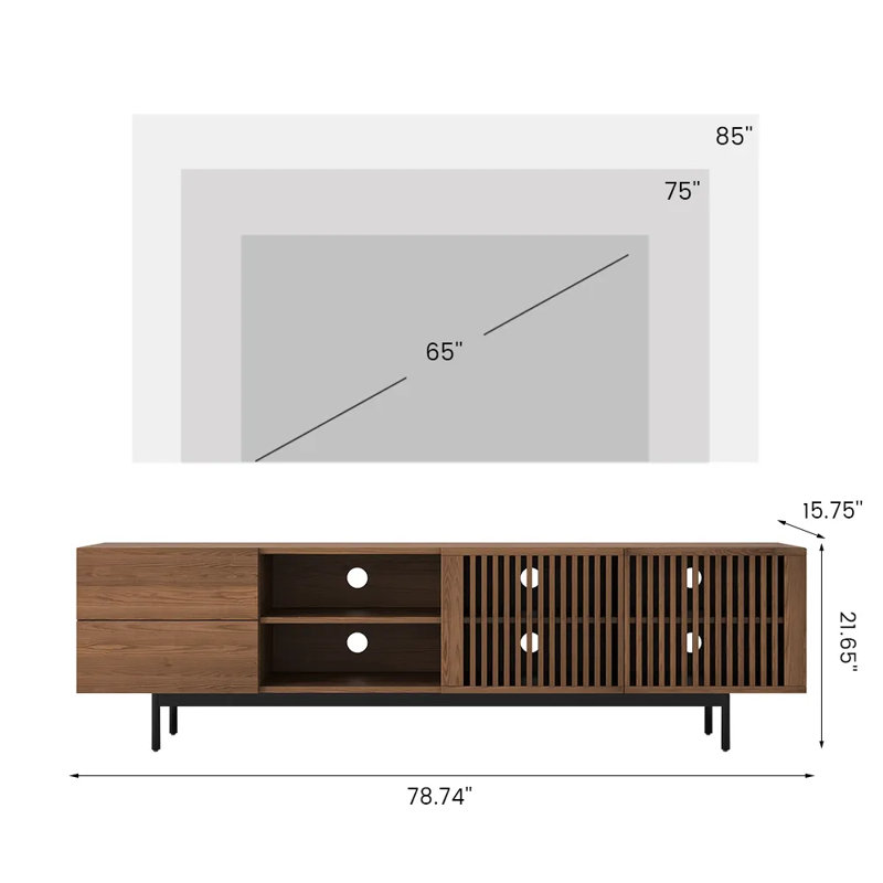 Mid-Century Modern TV Stand, Pre-Assembled, Brown, 21.65"H x 78.74"L x 15.75"W