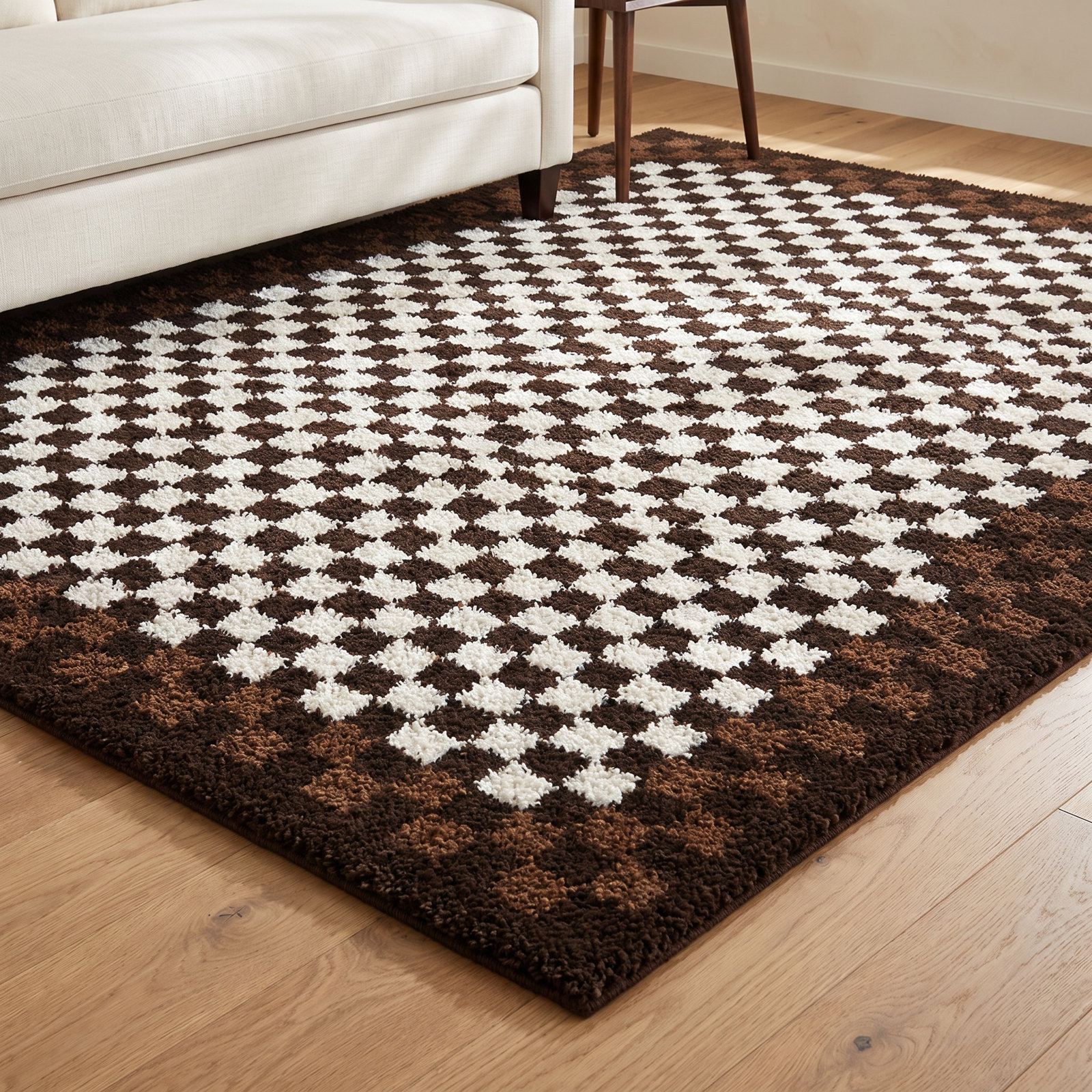 Joshuah Brown Cream Checkered Shag Rug, Rectangle 5'3" x 6'12"
