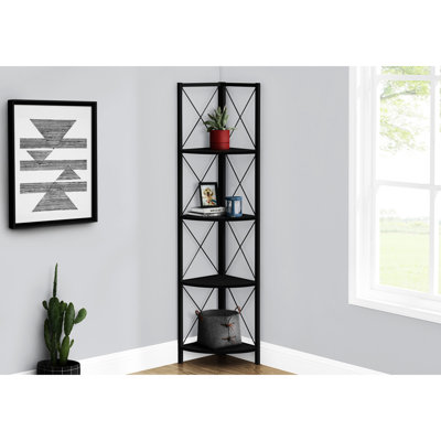Bibliothèque contemporaine à 4 niveaux, métal noir pour chambre à coucher et bureau, tablette d'angle avec tablettes en forme d'éventail et design décoratif enchanteur
