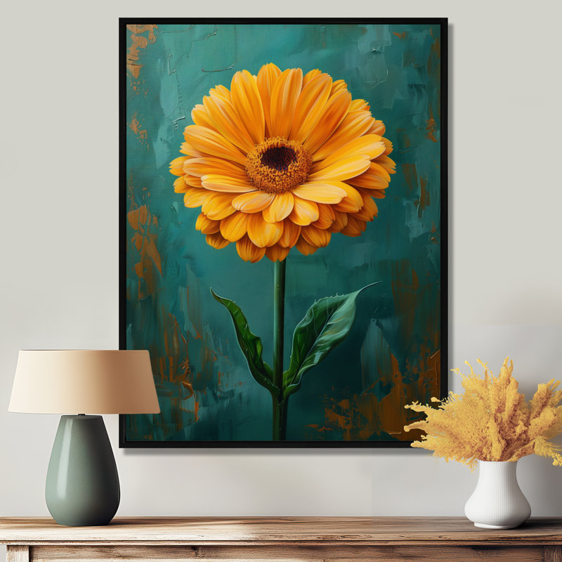 Jaune jaune noir avec fleurs de souci Marigold, Cadre flottant noir, bois massif, H 24 po x l 32 po
