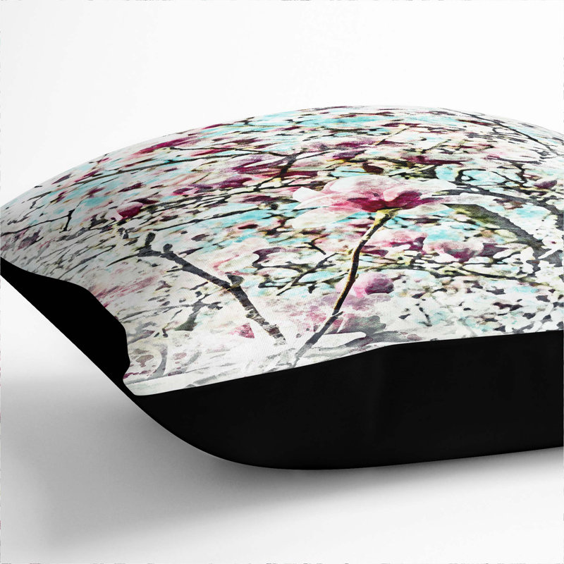 Pink Magnolia Blossom Tree Cushion with Filling, Black, 40cm H x 40cm W x 15cm D
