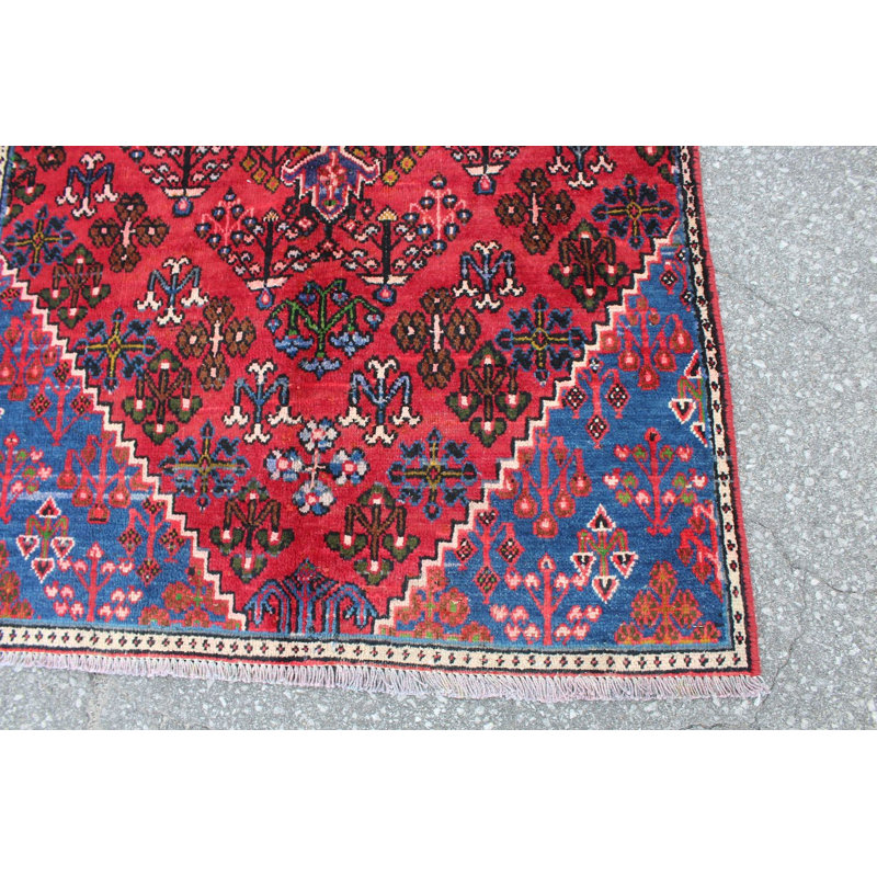 Tapis unique en laine noué à la main de style années 1950 de 3 pi 2 po x 5 pi 11 po en rouge / brun / bleu