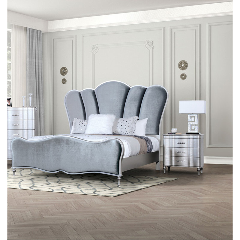 Ensemble de chambre à coucher 3 pièces, Grand lit, Argent argent
