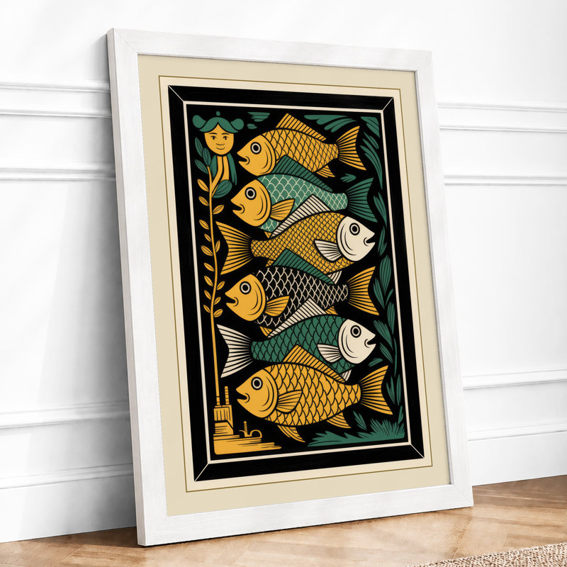 Fish in Gold and Turquoise Art Deco - Framed Print, A2 - 59.4 x 42.0 cm, White