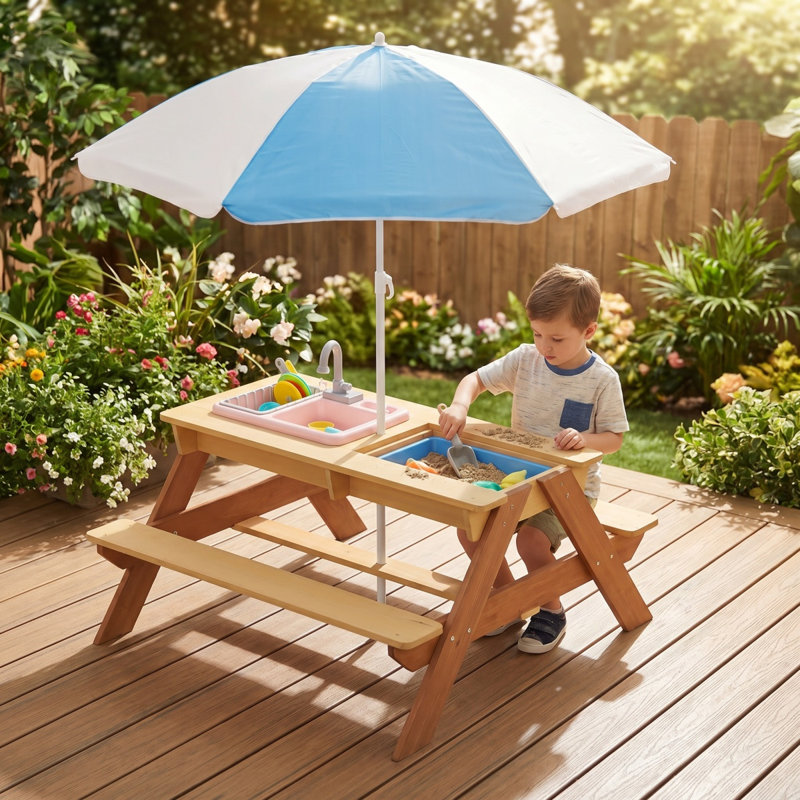 Table de pique-nique en bois pour enfants, table de sable et d'eau avec parasol, table d'activités pour jouer sur la terrasse