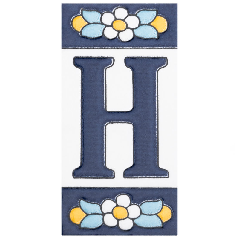 Sevillano 2.13" x 4.38" Ceramic Floral Address Letter Wall Tile in White/Blue