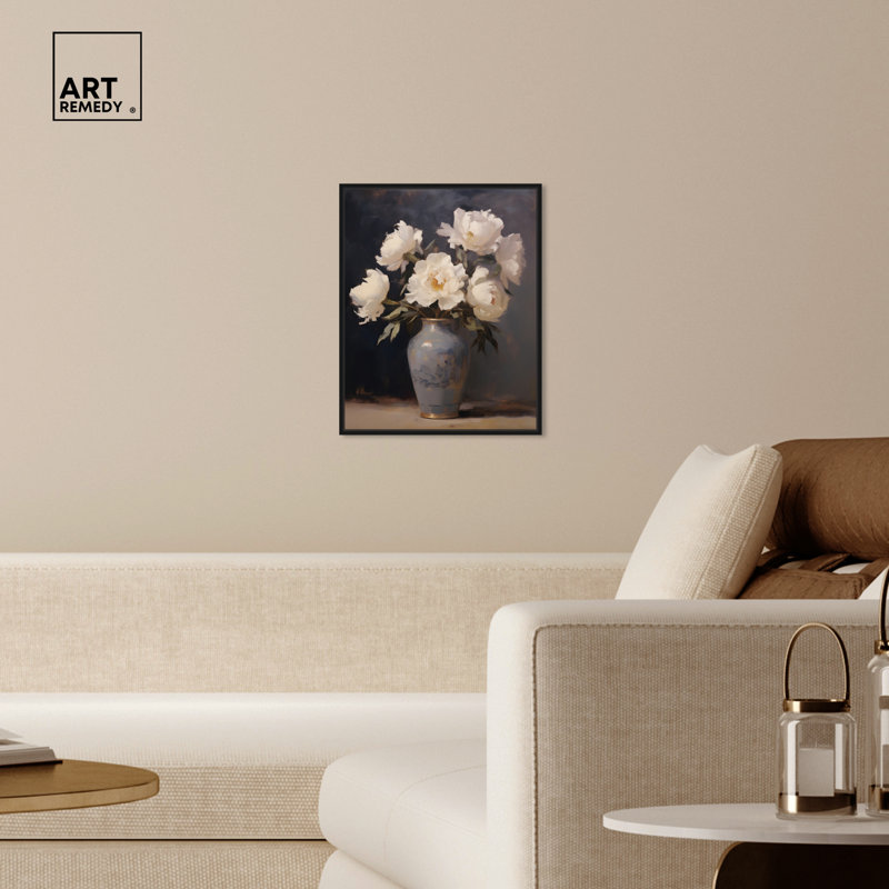 Fleurs dans un vase en porcelaine, art mural classique par Art Remedy, Cadre noir, H 21 po x l 17 po