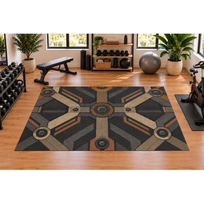 "Ultra Thin" 5' x 7', Mechanical Hub and Bolt Pattern Design Area Rug for Fitness Room, Living Room, Bedroom, Soft Low Pile Indoor Rug with Non Slip Silicone Backing