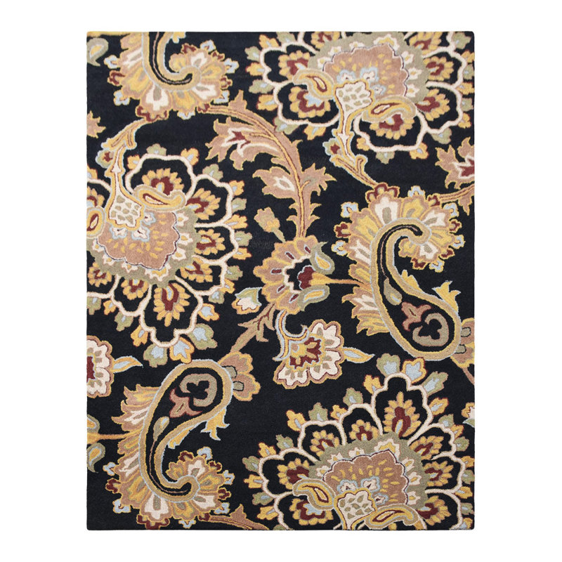 Tapis écologiques en laine touffetés à la main Akain - Rectangle, noir anthracite, motif floral moderne, tapis antidérapants faits à la main épais pour salon, chambre à coucher