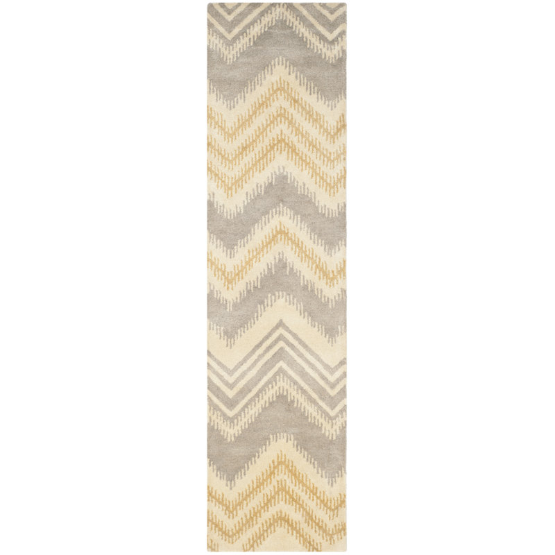 Tapis à chevrons gris / doré en laine touffeté à la main Raika, Tapis de couloir 2 pi 3 po x 9 pi
