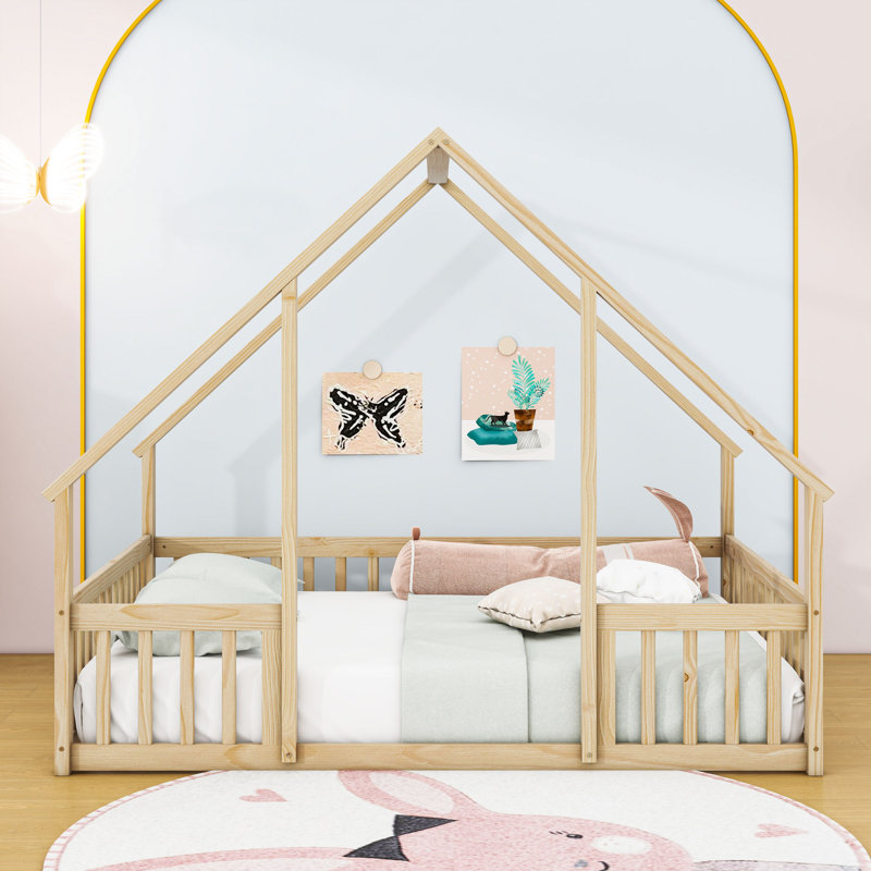 Wood House-Shaped Floor Bed With Guardrails, Natural, Full