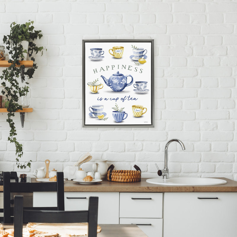 Cadre flottant Happiness is a Cup of Tea, design par Elizabeth Tyndall, H 31 po x l 25 po, Cadre flottant gris lustré
