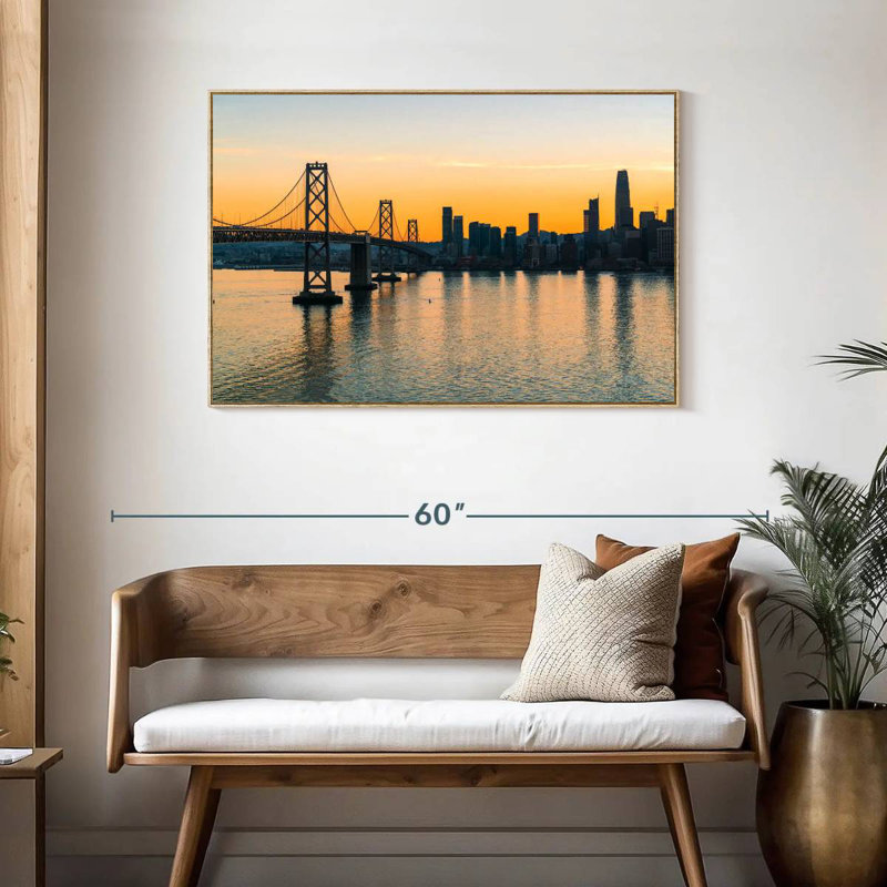 Golden Oakland Bay Bridge, Floating Frame Natural Wood, 43" X 29"