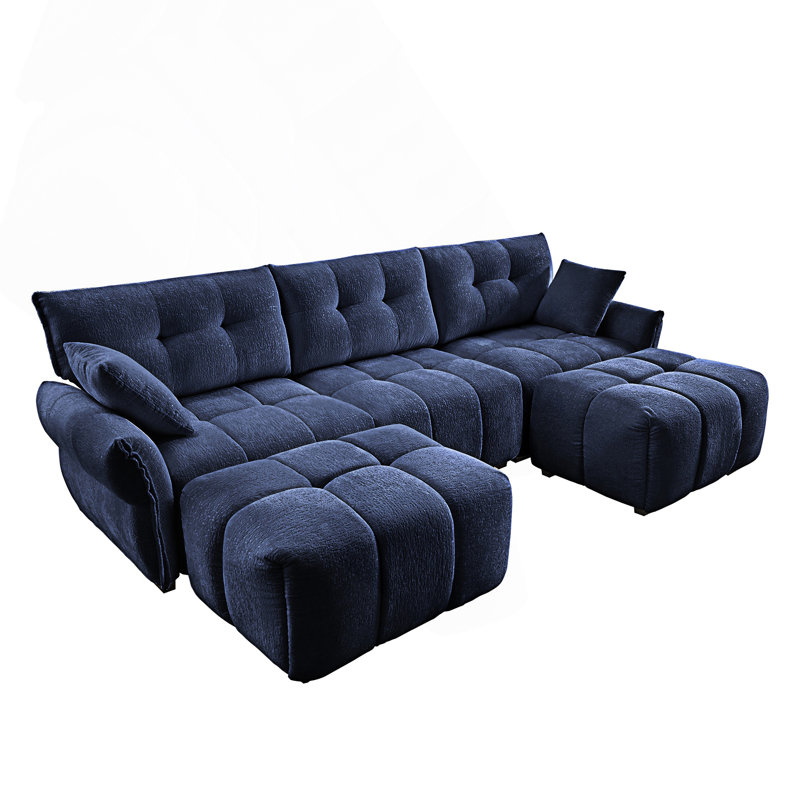Ensemble de canapé 3 places avec repose-pieds et coussins décoratifs, Chenille bleu
