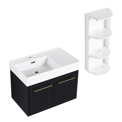 Meuble-lavabo de salle de bain de 30 po, lavabo en résine épaisse, armoire à double porte pour le rangement, fonction de fermeture en douceur, et support séparé à trois rangements, couleur châtaignier noir brillant avec rebord