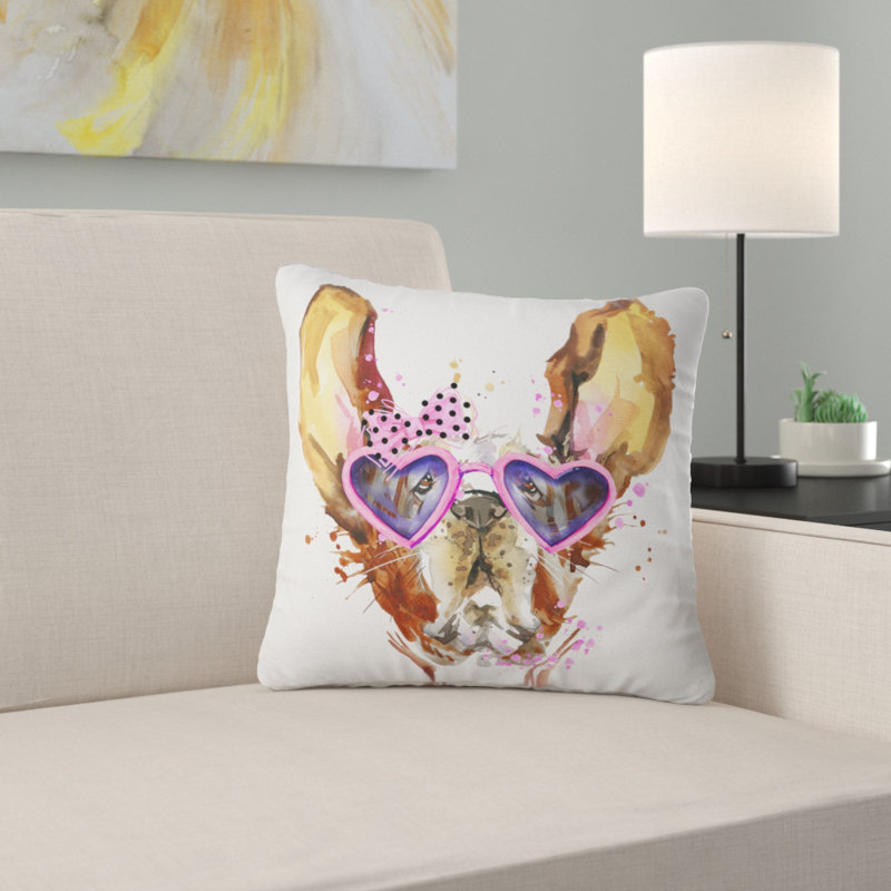 Chien brun mignon avec des lunettes en forme de cœur - coussin imprimé animal, 16 po x 1 po, Coussin décoratif