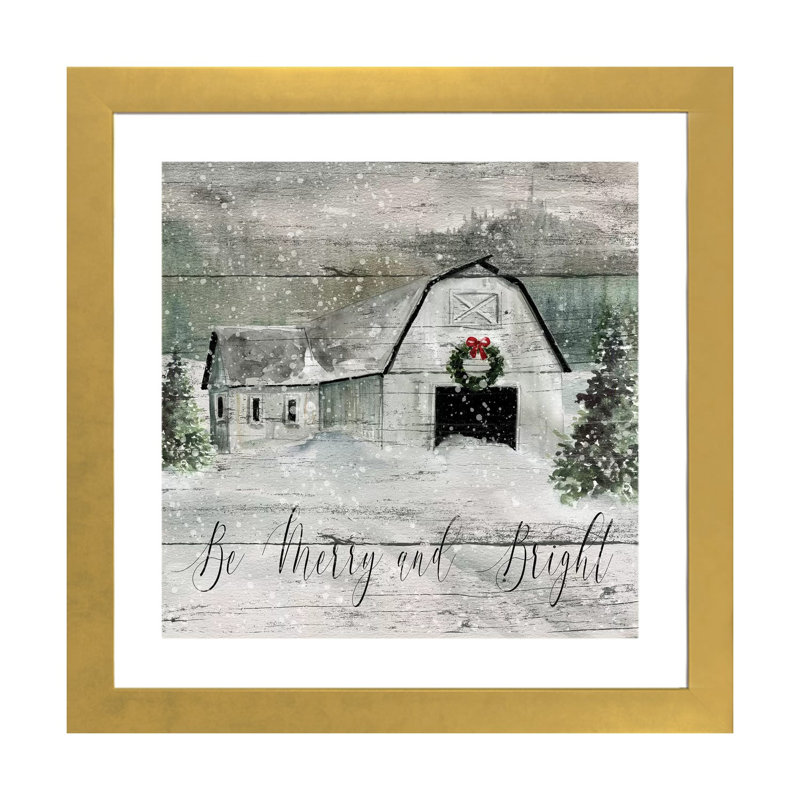 «Merry and Bright Barn» par Carol Robinson - reproduction imprimée, H 24 po x l 24 po x p 1 po, Papier encadré doré, Blanc